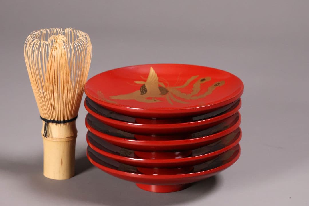 CM243】時代木製漆器 桐鳳凰・菊 金蒔絵 朱塗 引盃 五客 木製