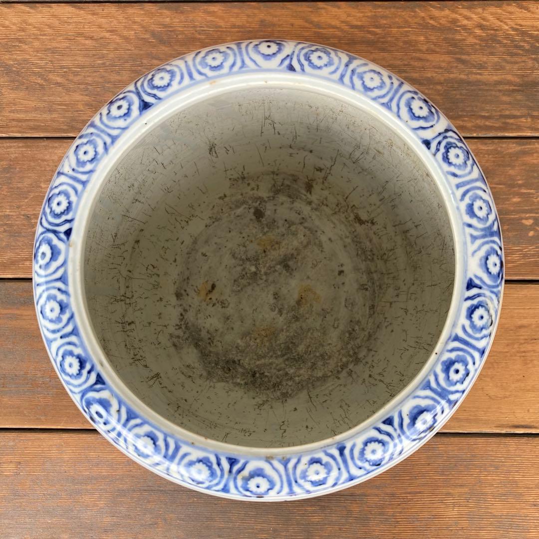 染付 レトロ アンティーク 火鉢 陶磁器 古民具 希少 金魚鉢 手作り 灰付