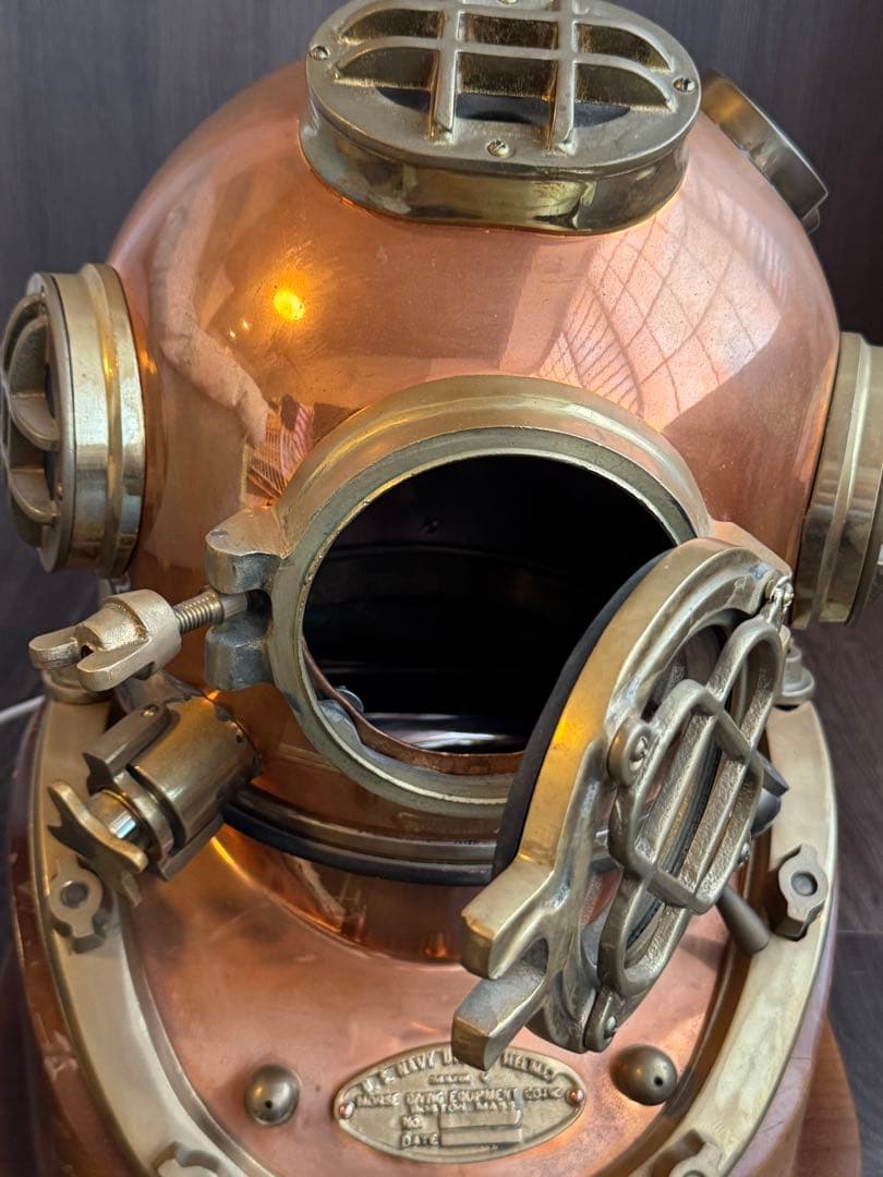 アメリカ海軍省潜水ヘルメット 銅と真鍮製 レトロ 台共 幅38x奧42x