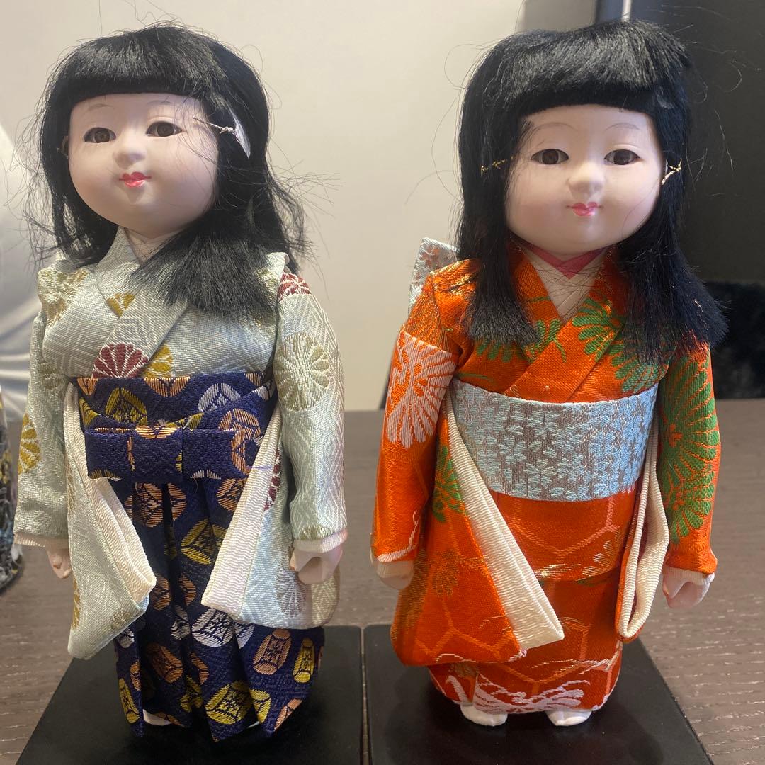 レトロ❣️市松人形 オレンジと青の着物　6号 市松人形 青と赤の着物