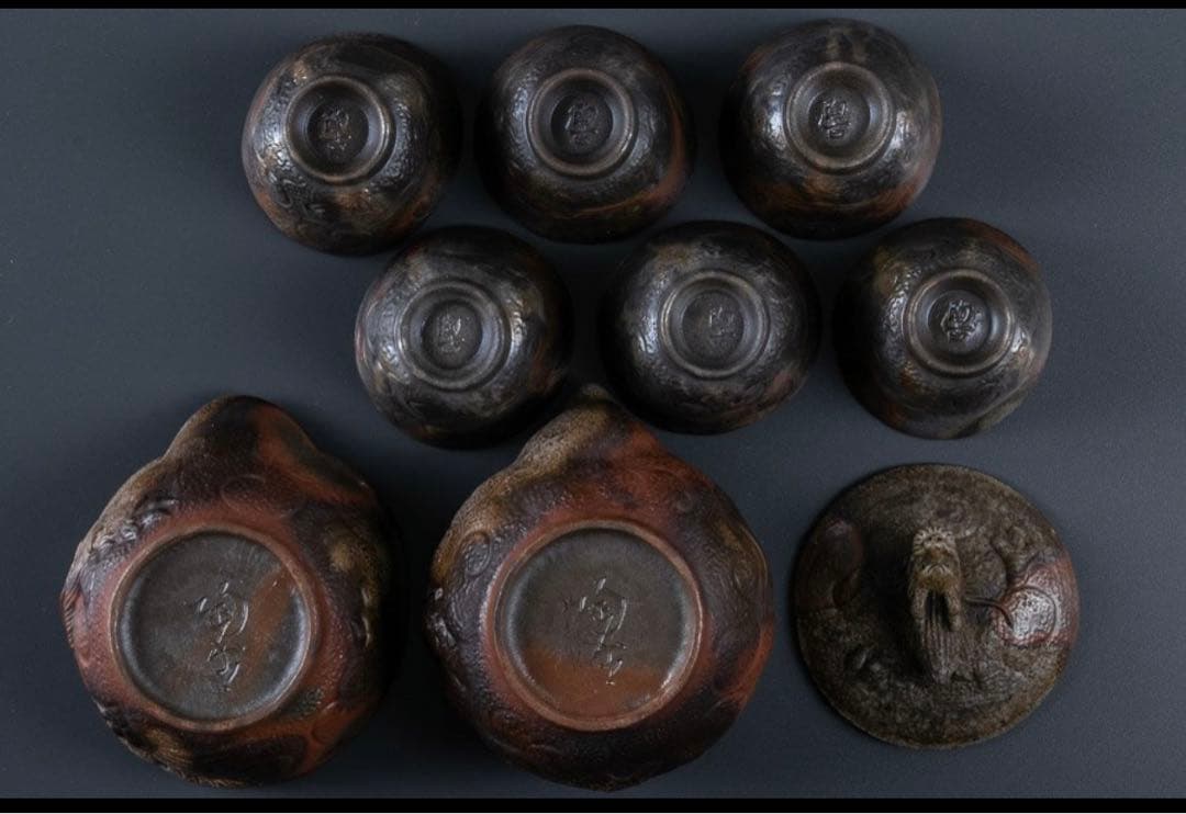 備前焼 小西陶古 茶具 陶器 湯呑み6個 湯冷まし 急須 セット 龍