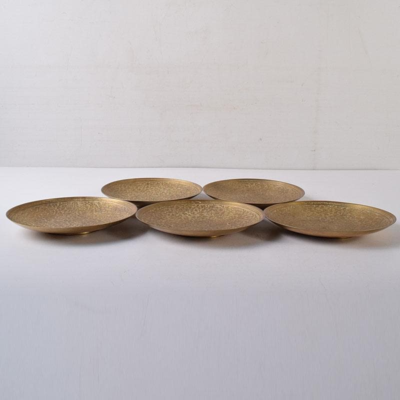 時代金工　印度製　黄銅　苺唐草文　槌出　皿　五客　時代箱　V　R8304