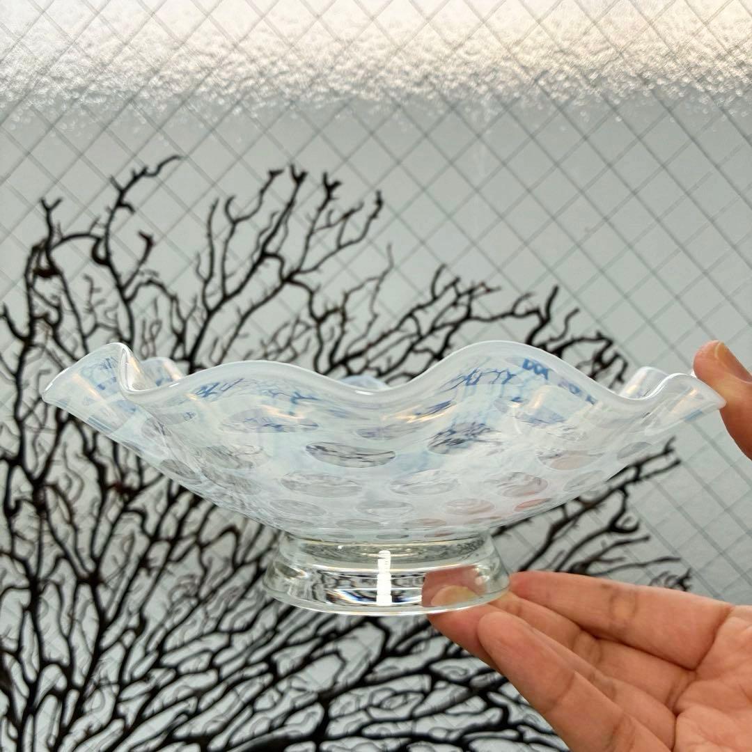 骨董 時代ガラス フリル 水玉紋 乳白色 オパールセント 氷皿 プレート1客