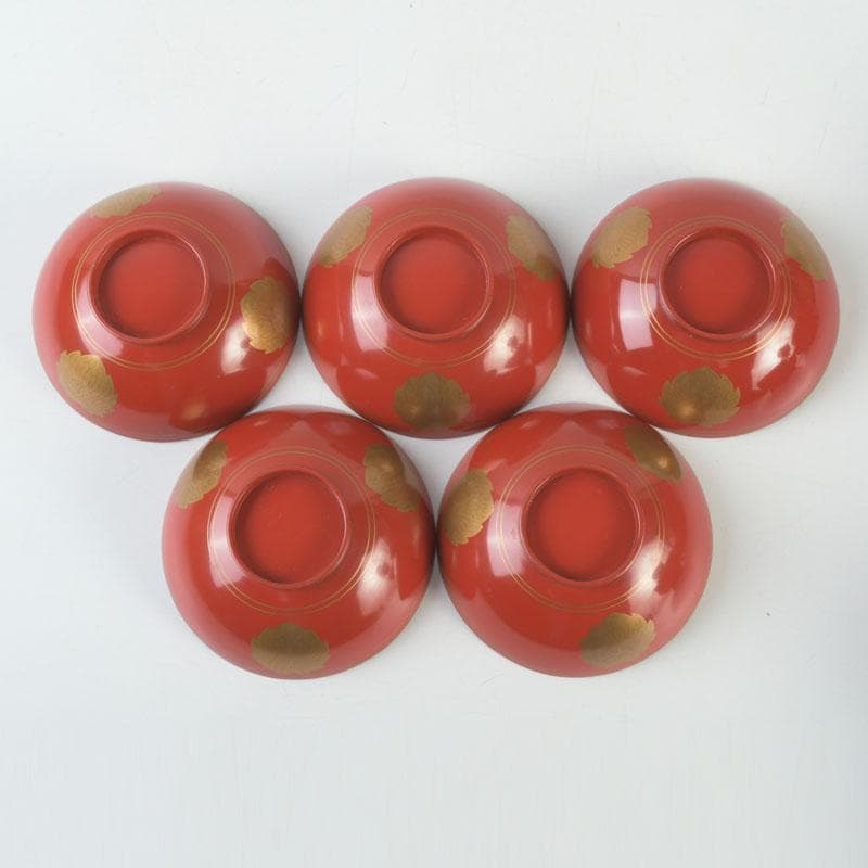 和食器　時代漆器　塗師　長野横笛作　金襴手花蒔絵　吸物椀　五客　共箱　C9788