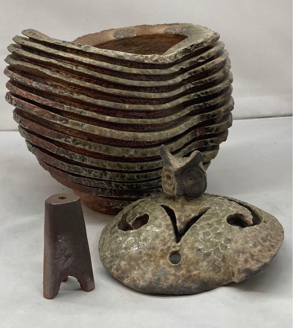 B154 山本出造「備前ブルゴーニュ土  積上香炉」 共箱　線香立付 フクロウ