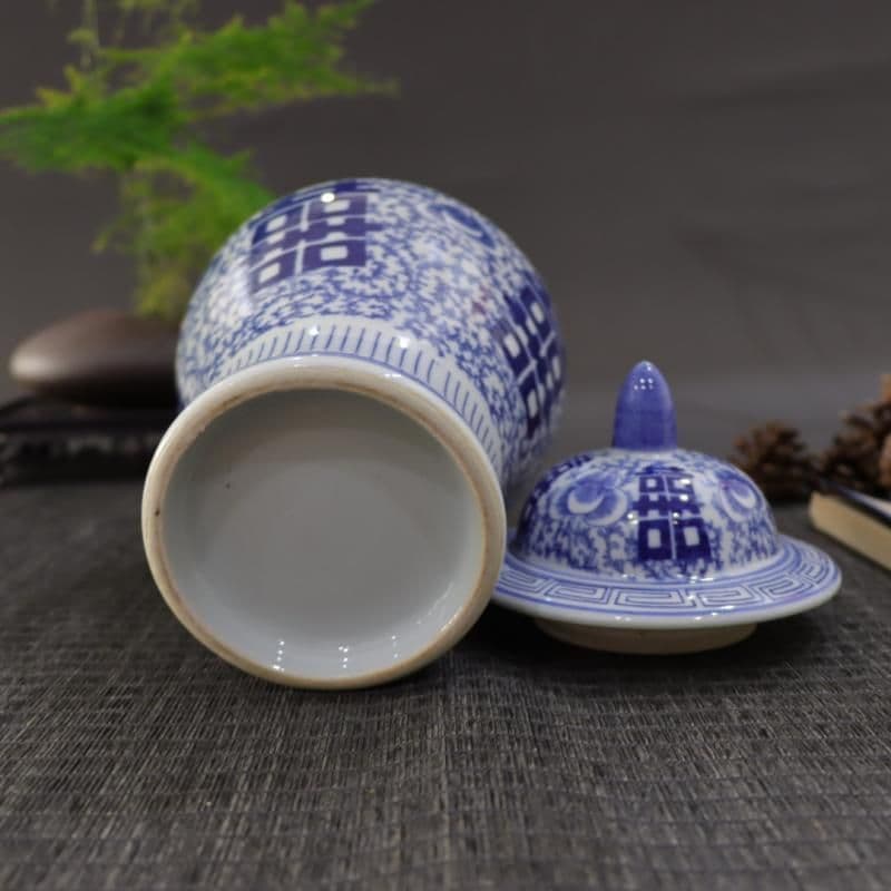 青花磁器喜字将軍缶 景徳鎮 陶磁器装飾品 工芸品 美術品 置物