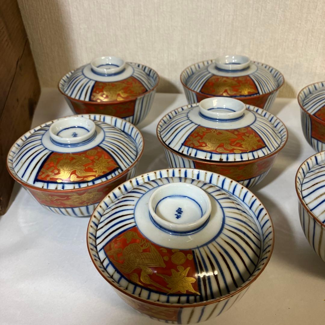 九谷焼骨董蓋付き茶碗７客「赤地金彩麦わら手」