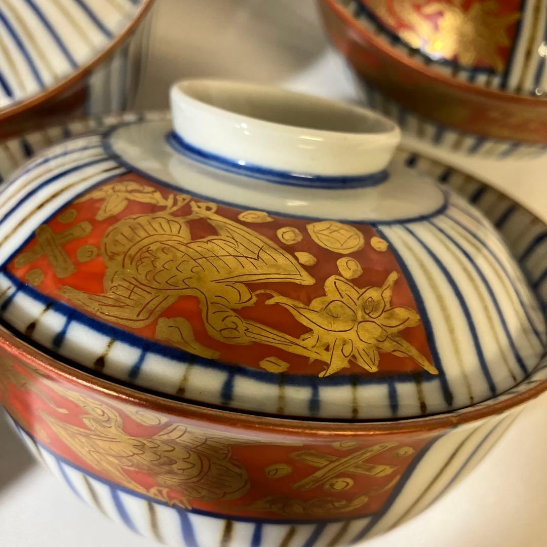 九谷焼骨董蓋付き茶碗７客「赤地金彩麦わら手」