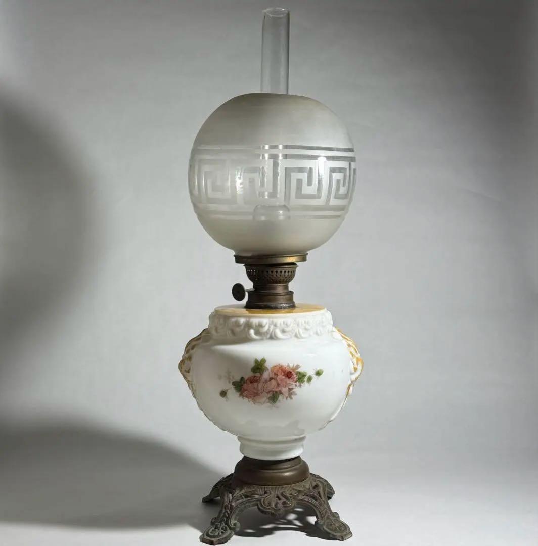 ◇希少 置きランプ 雷文擦り硝子火屋 ガラス絵乳白硝子オイル壺 明治時代◇