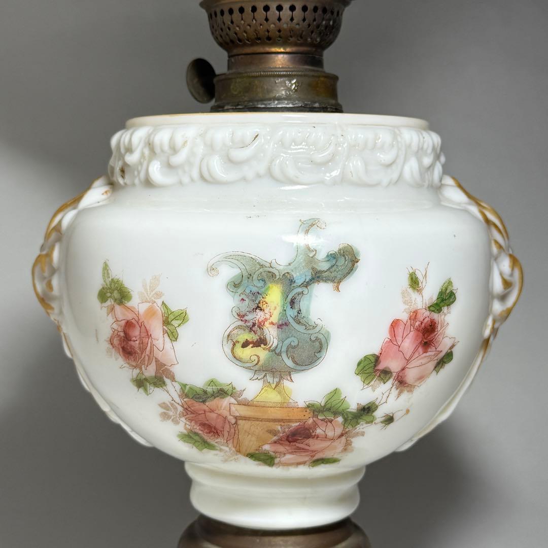 ◇希少 置きランプ 雷文擦り硝子火屋 ガラス絵乳白硝子オイル壺 明治時代◇