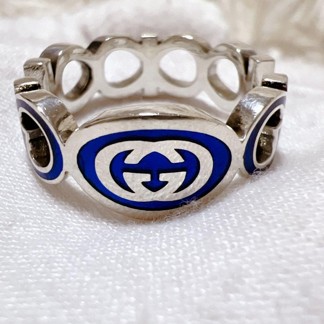 《極美品》グッチ インターロッキングG エナメルリング 青 シルバー ロゴ