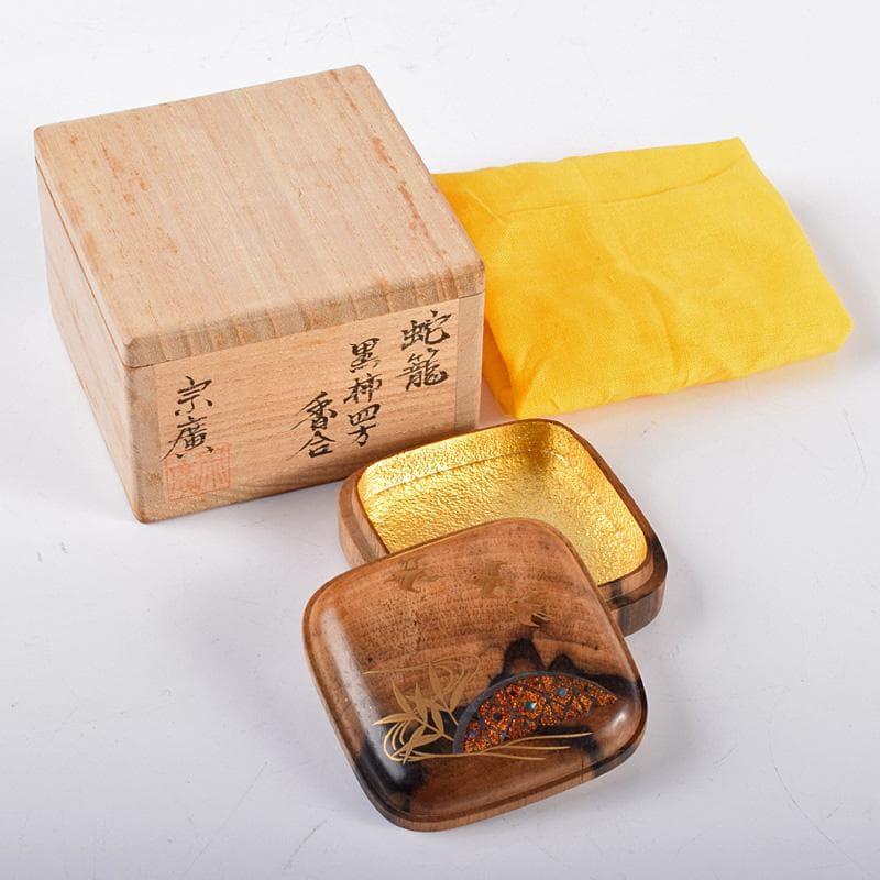 香合黒柿四方翡翠蒔絵峰春造共箱無傷