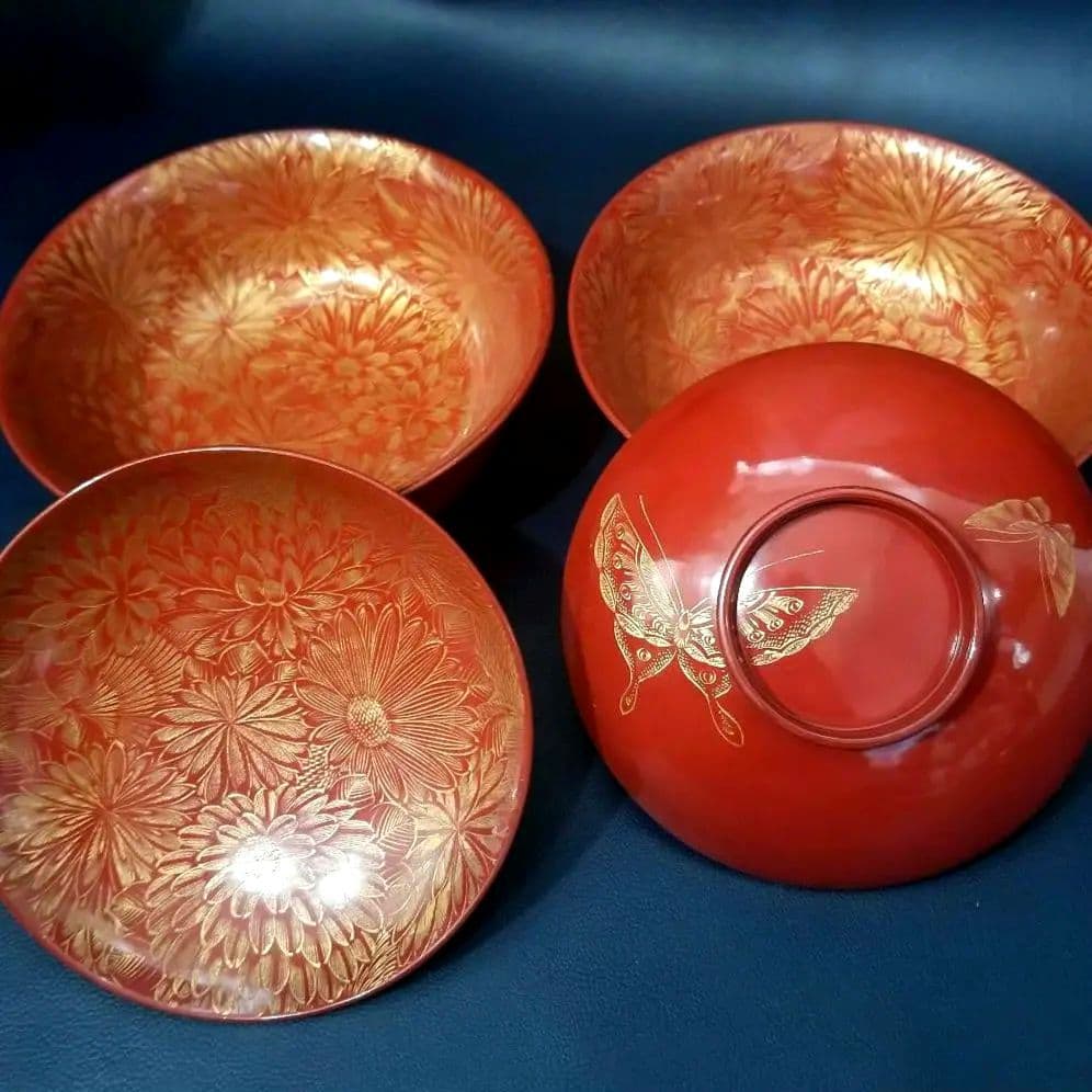 輪島塗　朱漆塗 内総沈金 菊花紋詰 吸物椀 懐石椀 茶道具 金 蒔絵　羽反　2客