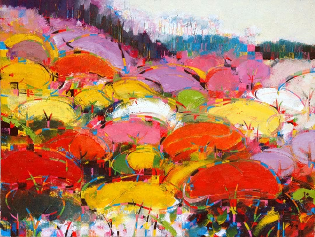 油絵 菅家令子 絵 絵画インテリア額付(青緑＋金色の枠)uF6-081711紅葉