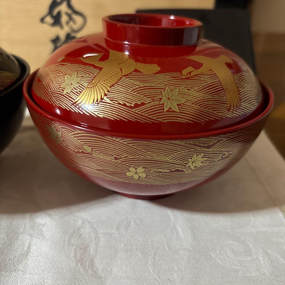 輪島塗 濱田屋 蓋付 椀 お椀 天野誠作 金彩 鶴　金蒔絵 木箱付 ペア 吸椀