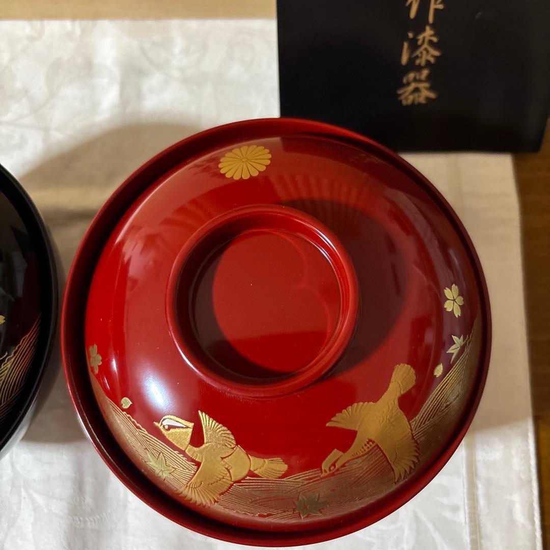 輪島塗 濱田屋 蓋付 椀 お椀 天野誠作 金彩 鶴　金蒔絵 木箱付 ペア 吸椀