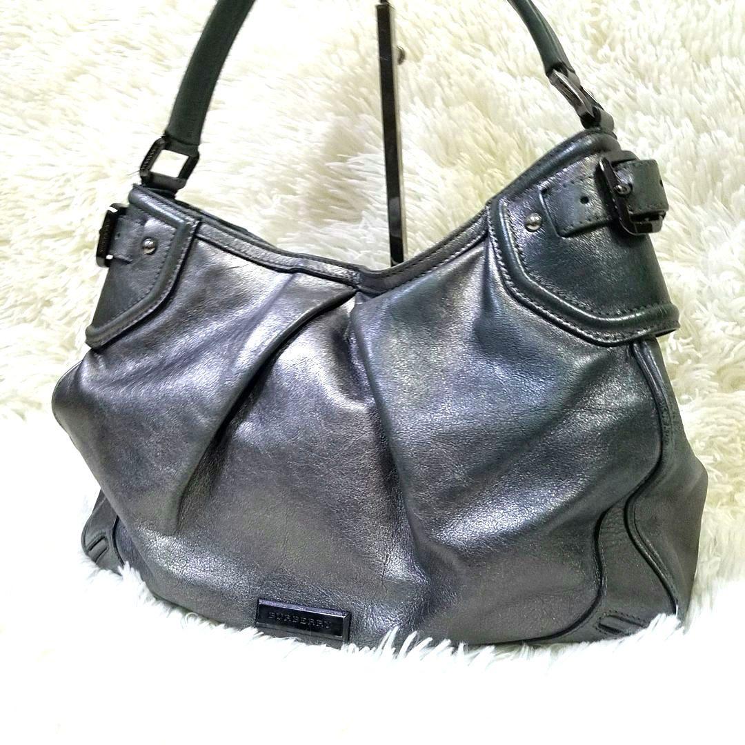 【美品】BURBERRY ワンショルダーバッグ レザー メタリックグレー 肩掛け