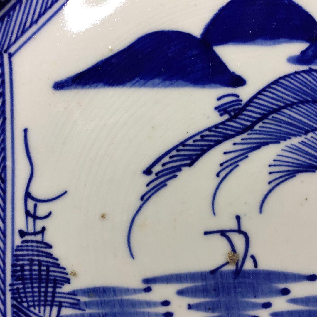 古伊万里焼 染付け 角皿 山水図 手作り 在銘 置物 旧家蔵出 コレクター