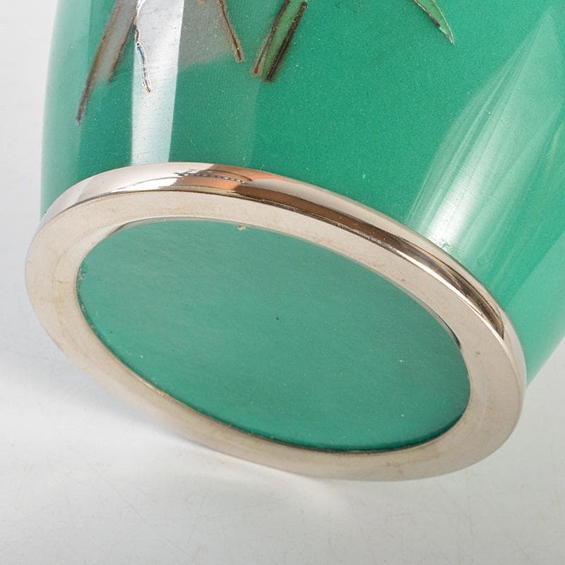 七宝焼　翡翠色　花文　花瓶　唐木台・箱付　V　6415C