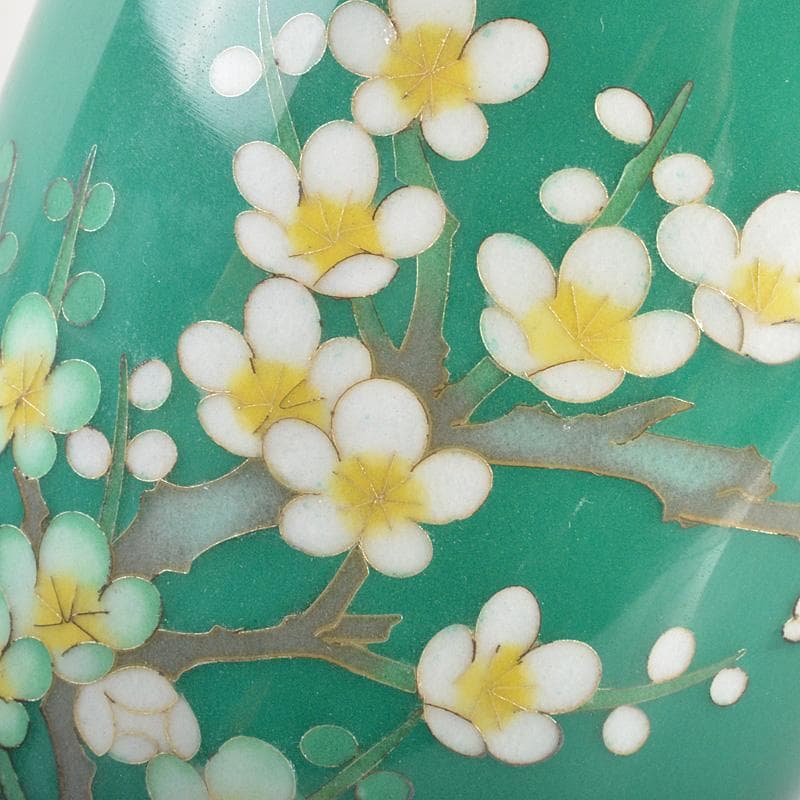 七宝焼　翡翠色　花文　花瓶　唐木台・箱付　V　6415C