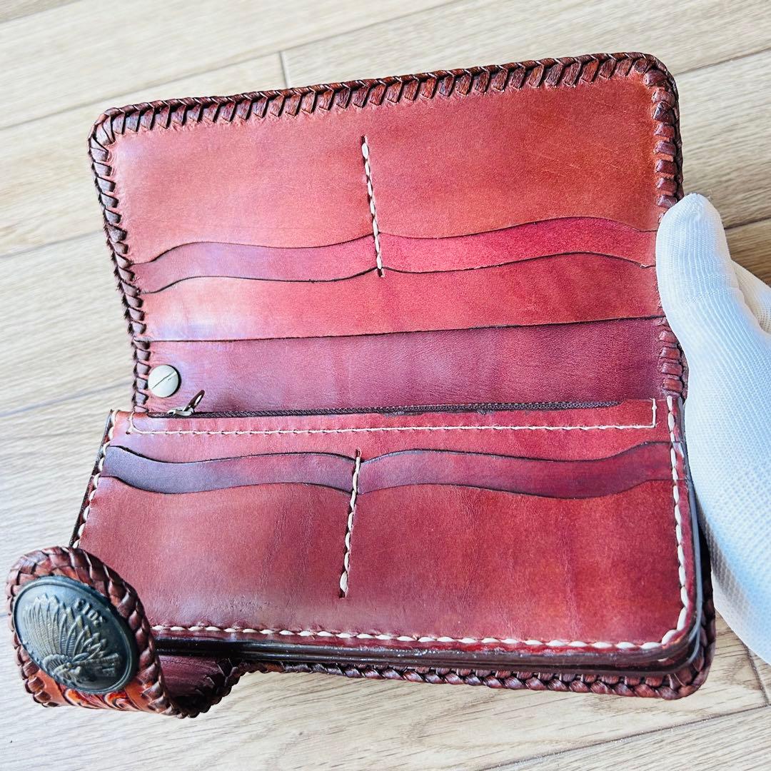 【新品】本革 牛革カービング バイカーズウォレット ハンドメイド メンズ 長財布