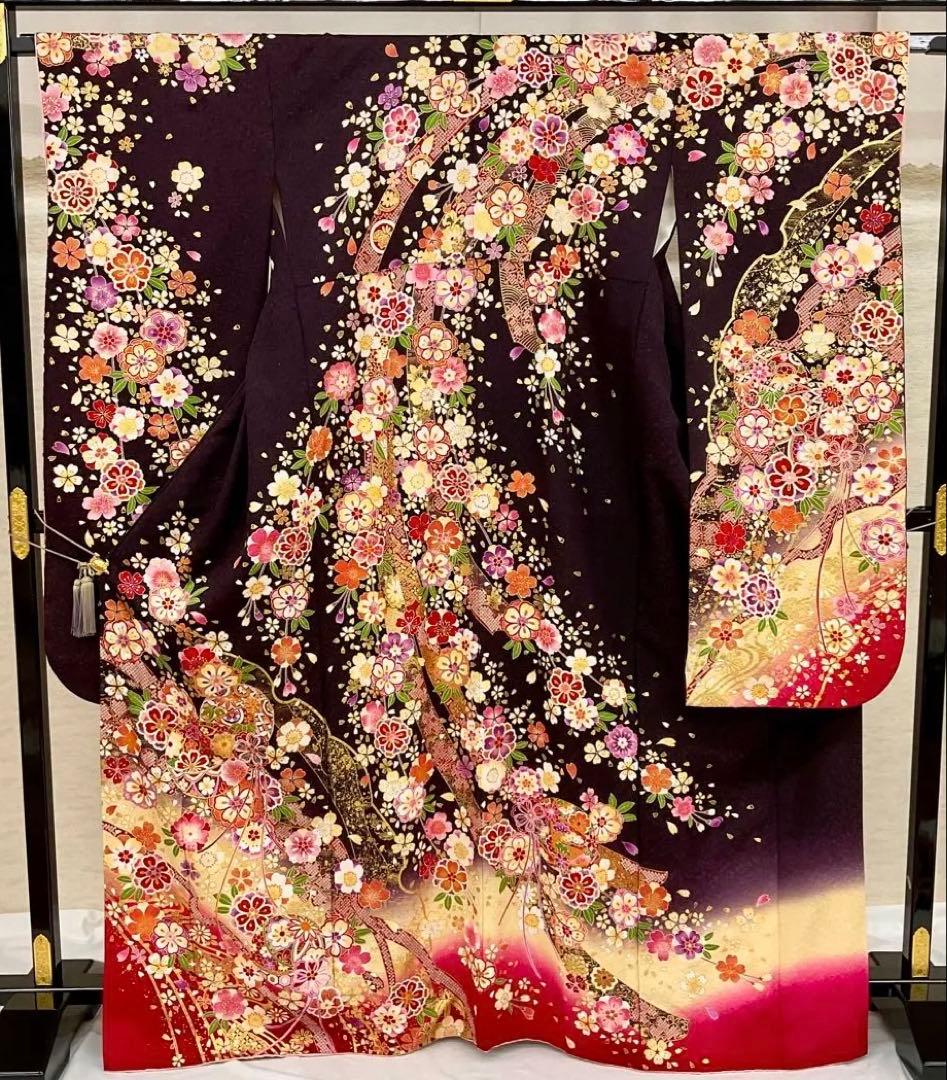 振袖 紫系 濃い紫 桜 鞠 熨斗柄 銀通し 正絹