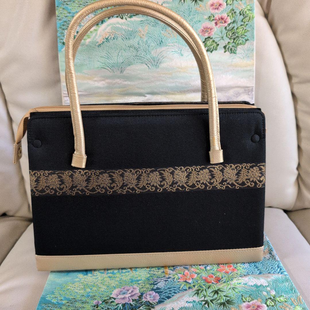 利休バック　和装用バッグ 上品　結婚式　黒　大きめ　正絹　美品