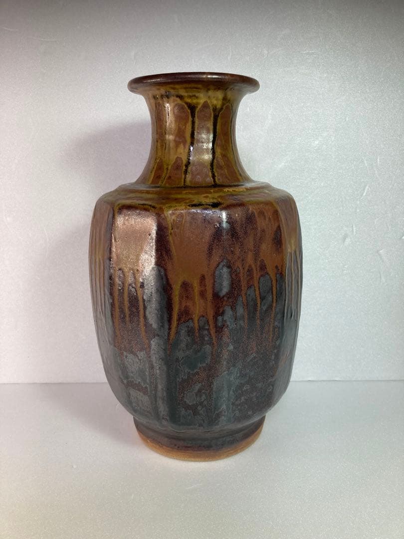 益子焼明石庄作鉄釉面取花瓶濱田庄司の弟子花瓶民藝民芸花器国展作家