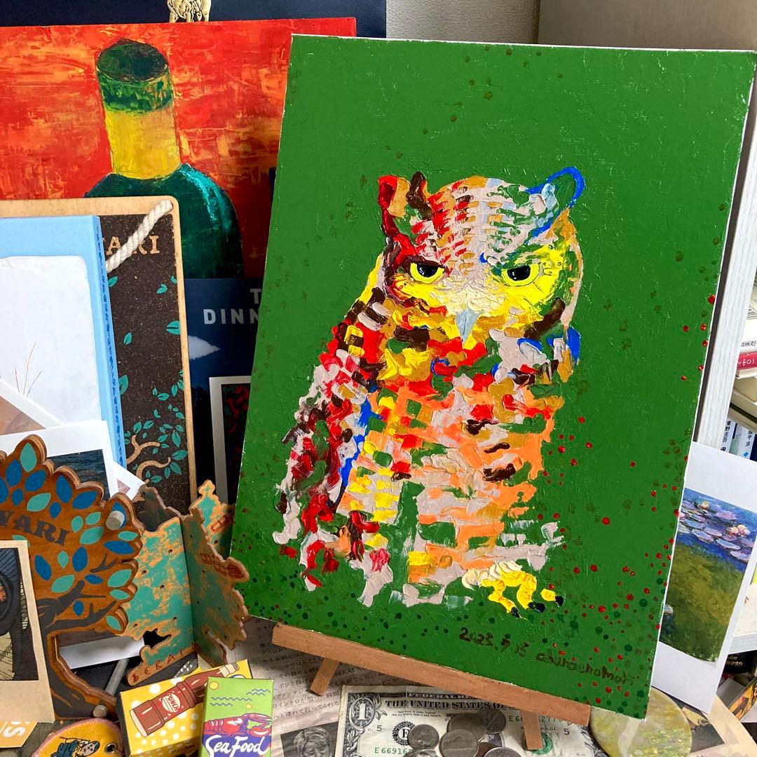 油絵　フクロウ（ミミズク）