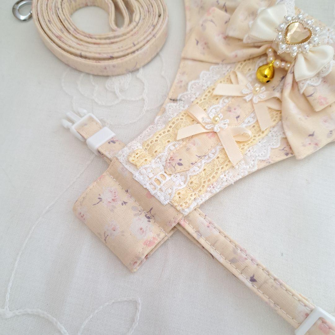 胸当てタイプハーネス(クリームローズ)&リードセット、わんちゃん猫