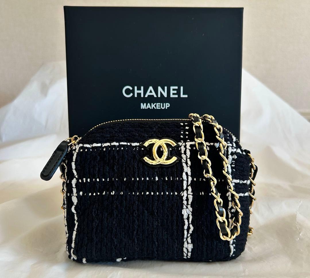 CHANELシャネル ノベルティ チェーン ショルダーバッグ ツイード ブラック