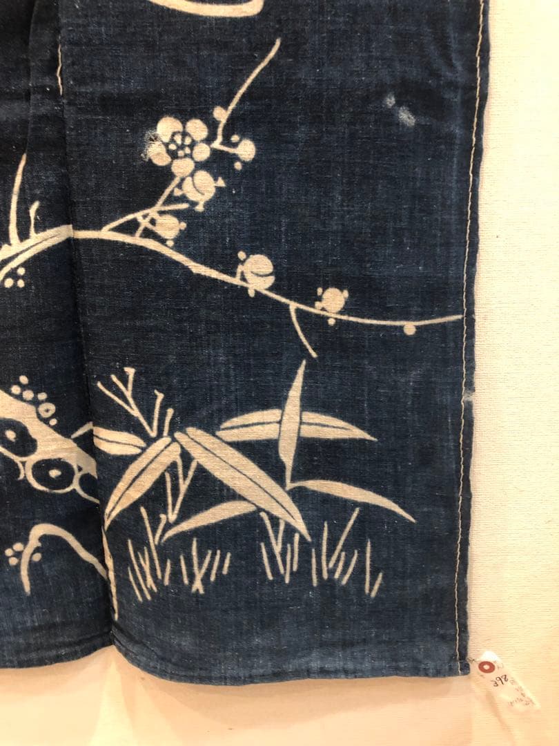 藍染筒描き三巾加賀のれん時代物木綿古布ソ-398
