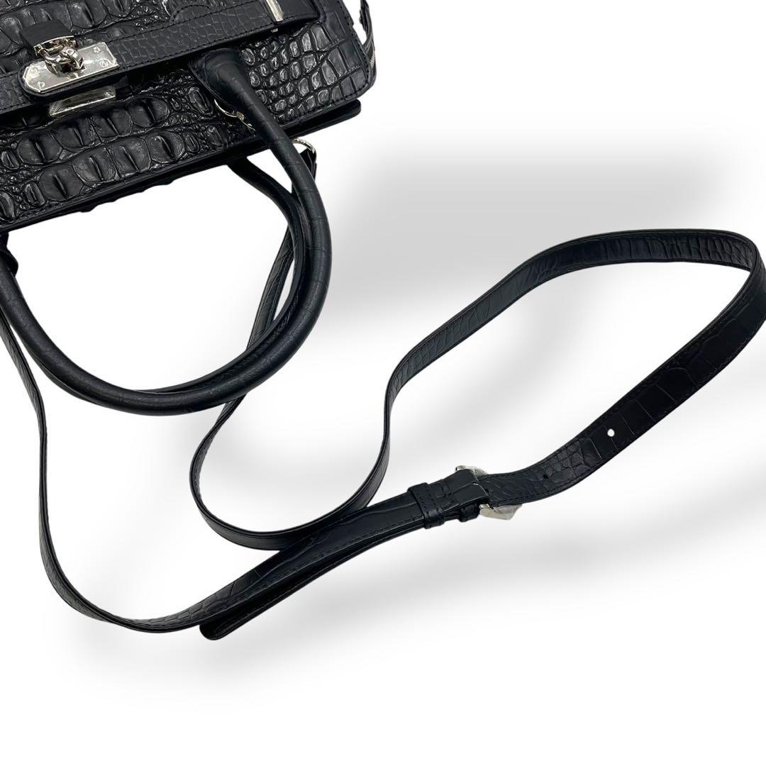 新品未使用　ロダニア　カイマン　クロコダイル　2way ハンドバッグ　レザー　黒