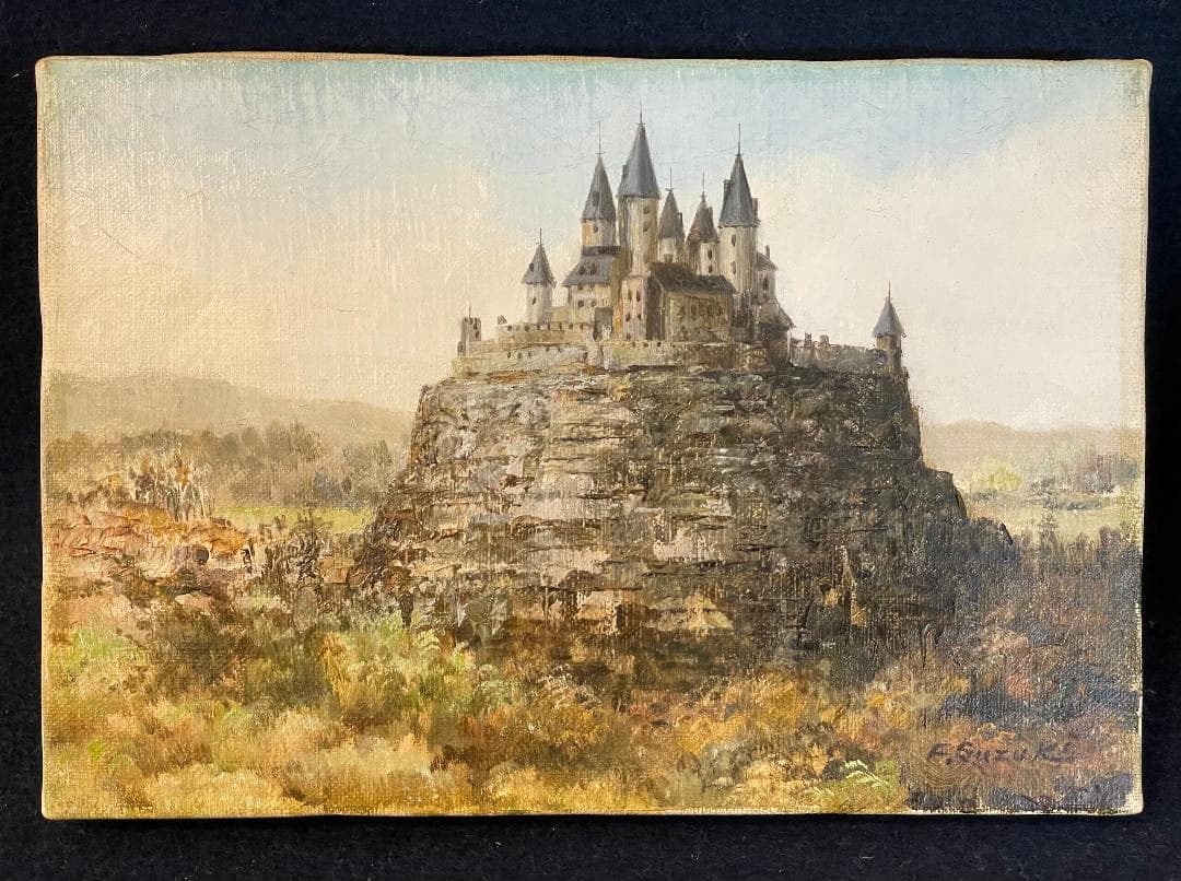 「真作」鈴木福男「古城」風景画　油彩画　額装　サイン有り　SM号