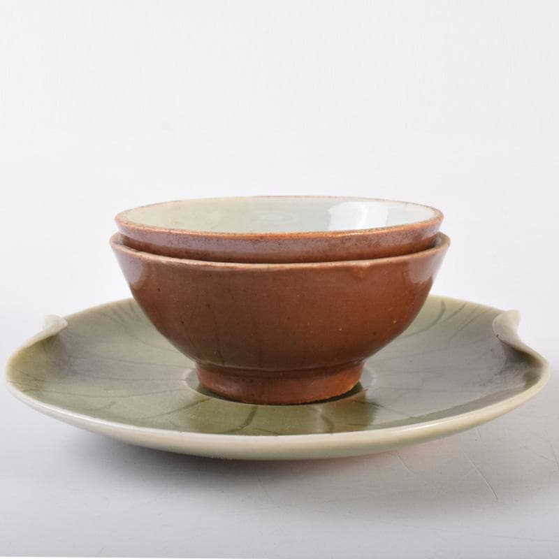 中国 唐物 龍泉窯 青磁盃台 柿釉煎茶器2客 三点