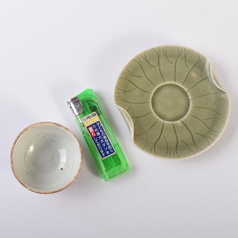 中国 唐物 龍泉窯 青磁盃台 柿釉煎茶器2客 三点