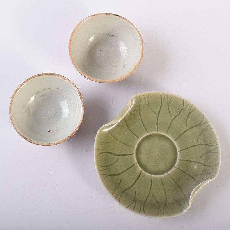 中国 唐物 龍泉窯 青磁盃台 柿釉煎茶器2客 三点