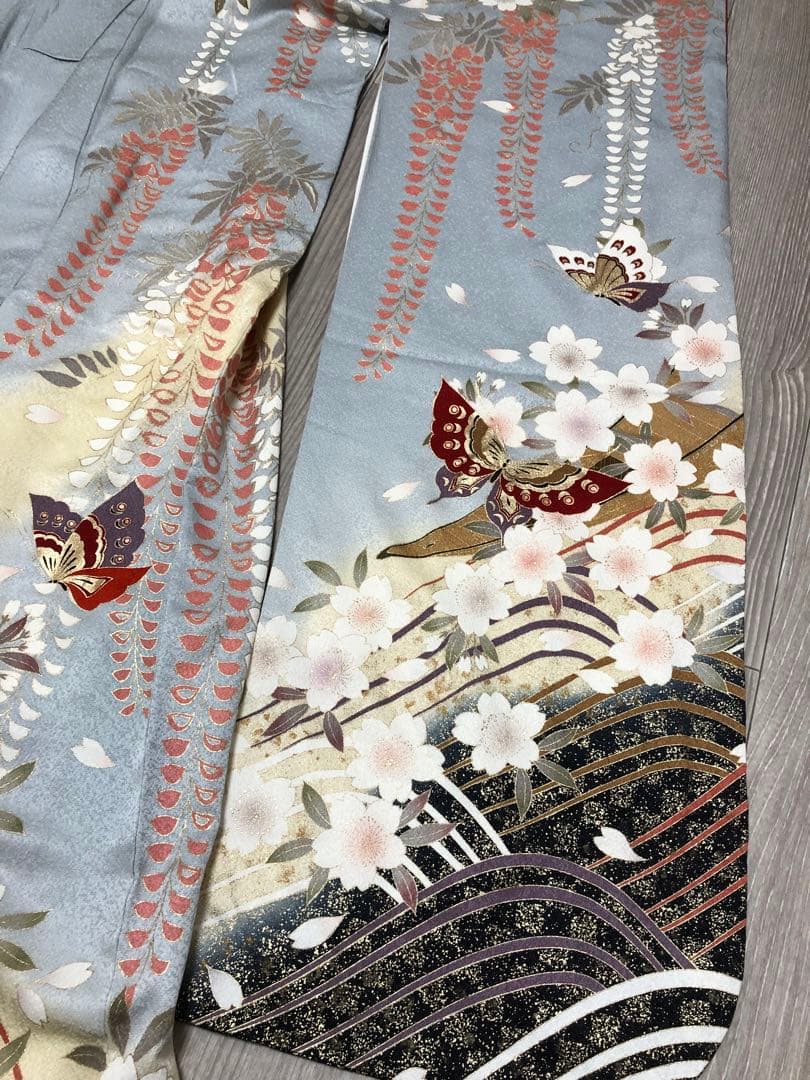 振袖 着物 帯 セット 成人式 水色 蝶 桜 ブルー系 前撮り