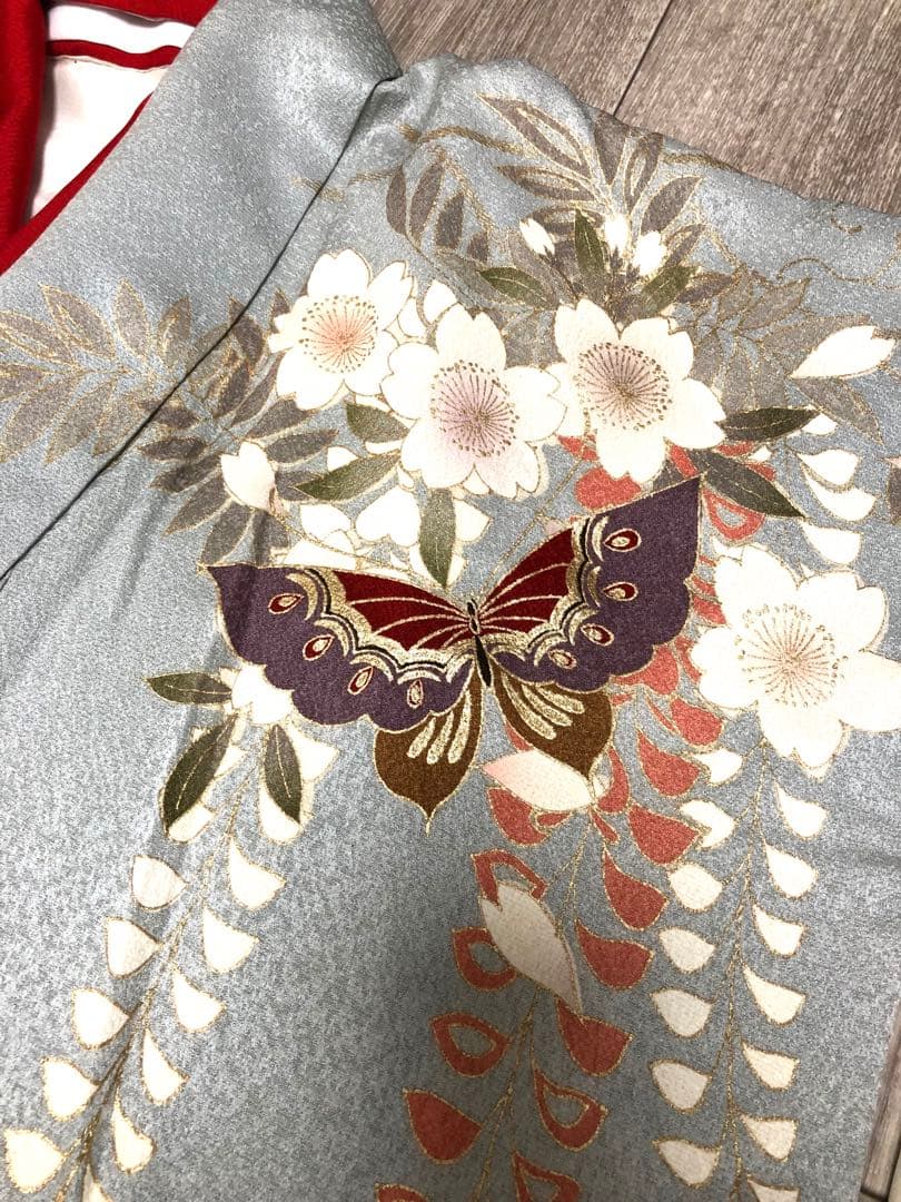 振袖 着物 帯 セット 成人式 水色 蝶 桜 ブルー系 前撮り