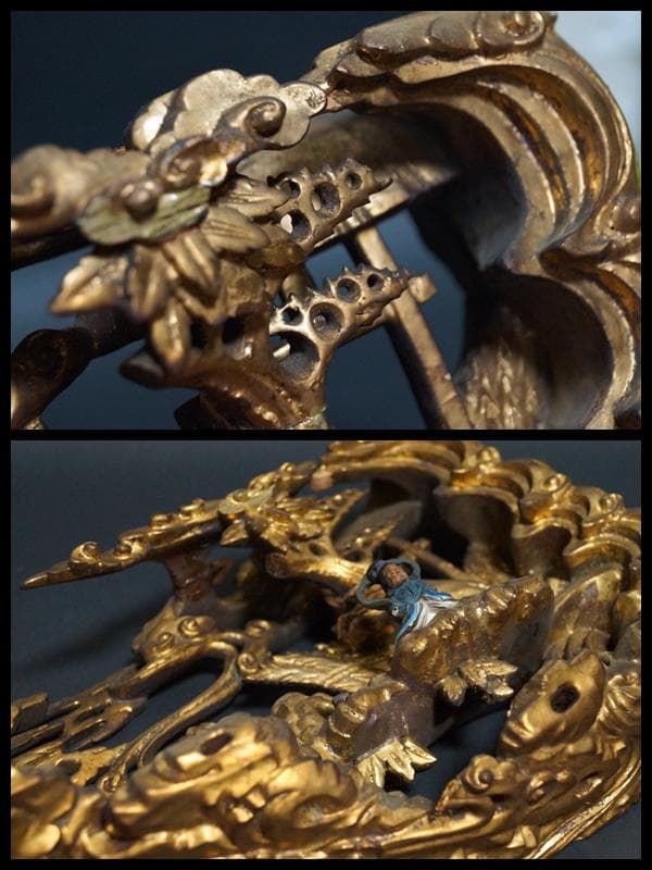 江戸末期一刀彫り高浮彫『人物風景図』 木造彩漆金箔張る 弓欄間