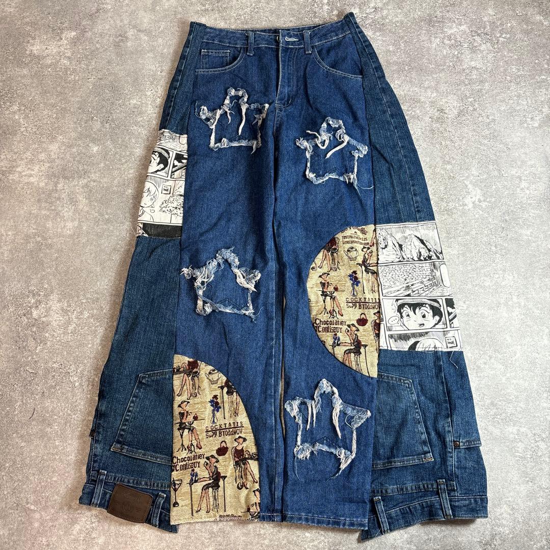 リメイクパンツ 再構築 フレア パッチワーク おしゃれ ワイド vol.80