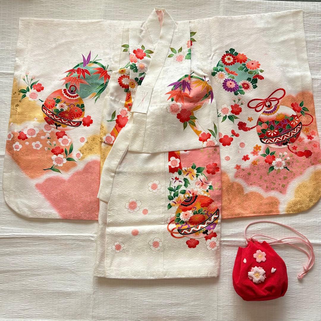 七五三 3歳 被布 着物 絹 三歳 白 ピンク 草履 753 巾着 女の子