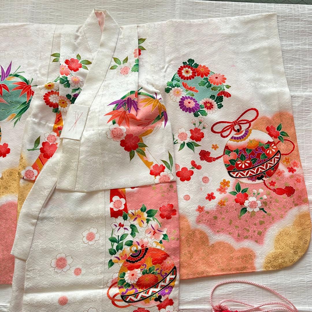 七五三 3歳 被布 着物 絹 三歳 白 ピンク 草履 753 巾着 女の子
