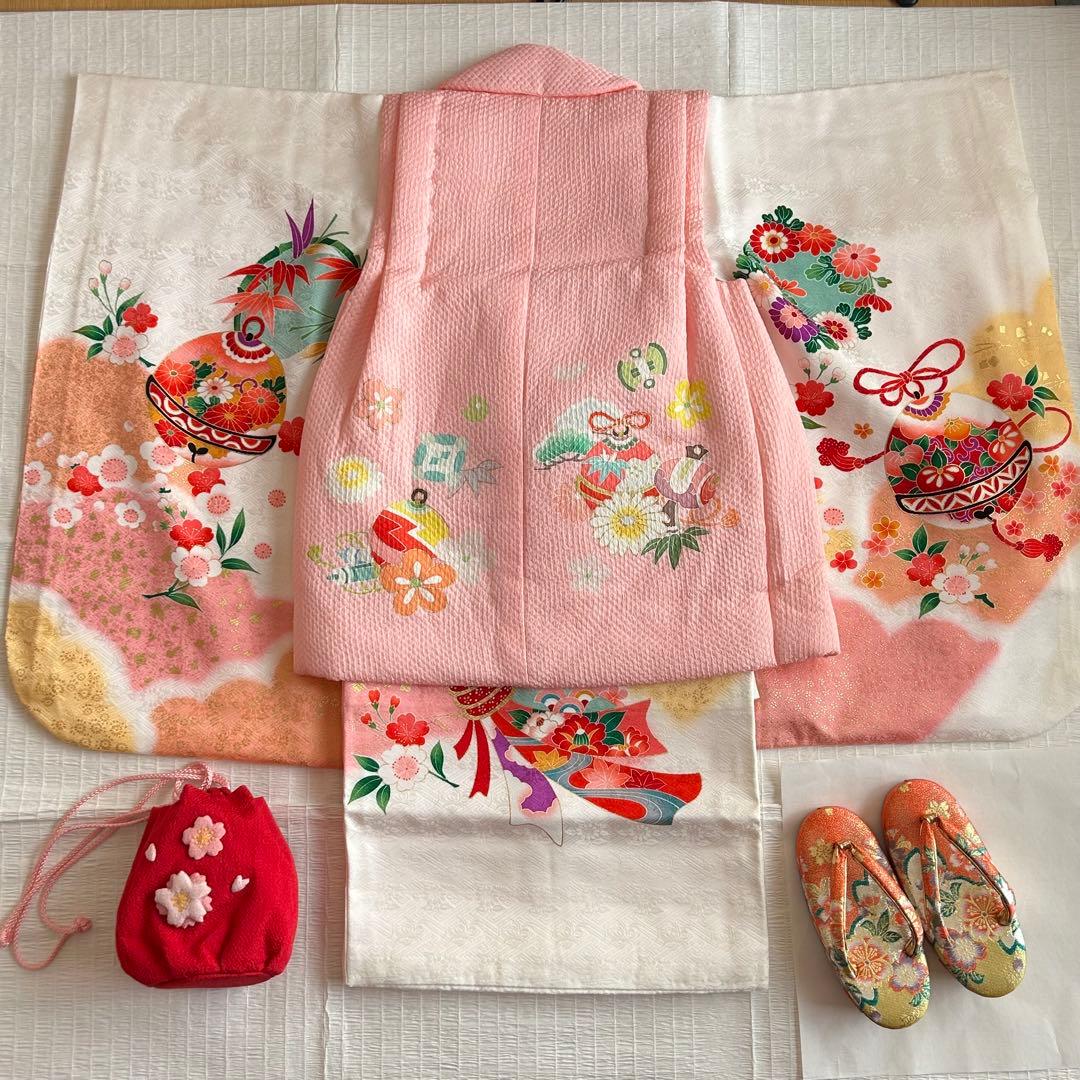 七五三 3歳 被布 着物 絹 三歳 白 ピンク 草履 753 巾着 女の子