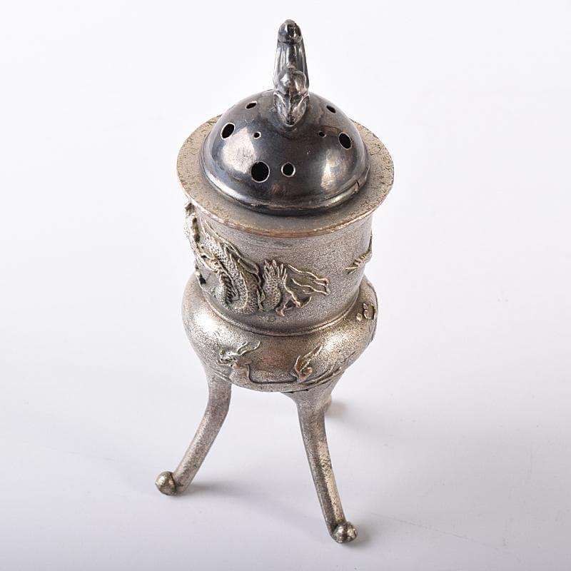 中国　白銅　龍神獣刻　純銀火屋約18g付　三つ足香炉　U　R8073