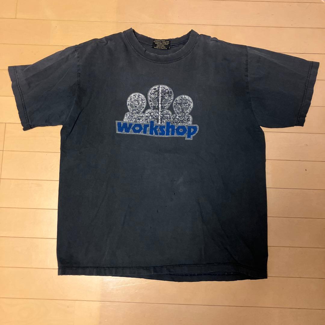 90s alien workshop 墨黒 フェード プリントロゴ Tシャツ