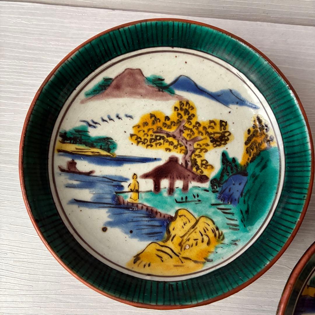 【1枚割れあり】九谷焼　吉田屋窯　小皿　角福　山水　青手　年代物　共箱　和食器