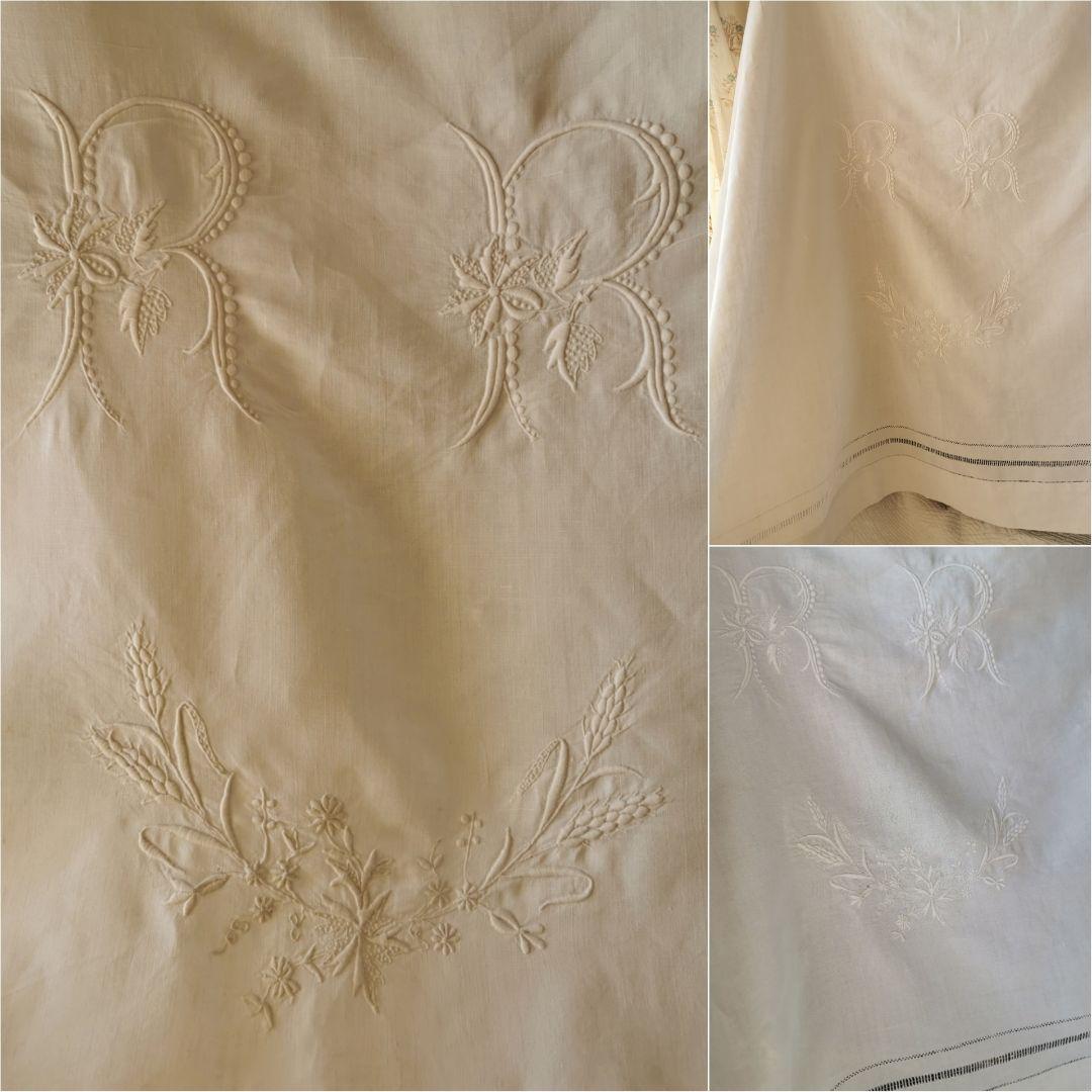 アンティークフランス 美しい花文字 イニシャル刺繍 ドローンワーク