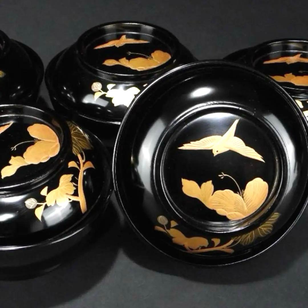 輪島塗 花鳥紋 金蒔絵 吸物椀 5客 蓋碗 漆芸 漆器