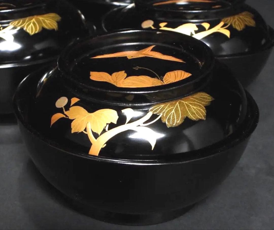 輪島塗 花鳥紋 金蒔絵 吸物椀 5客 蓋碗 漆芸 漆器